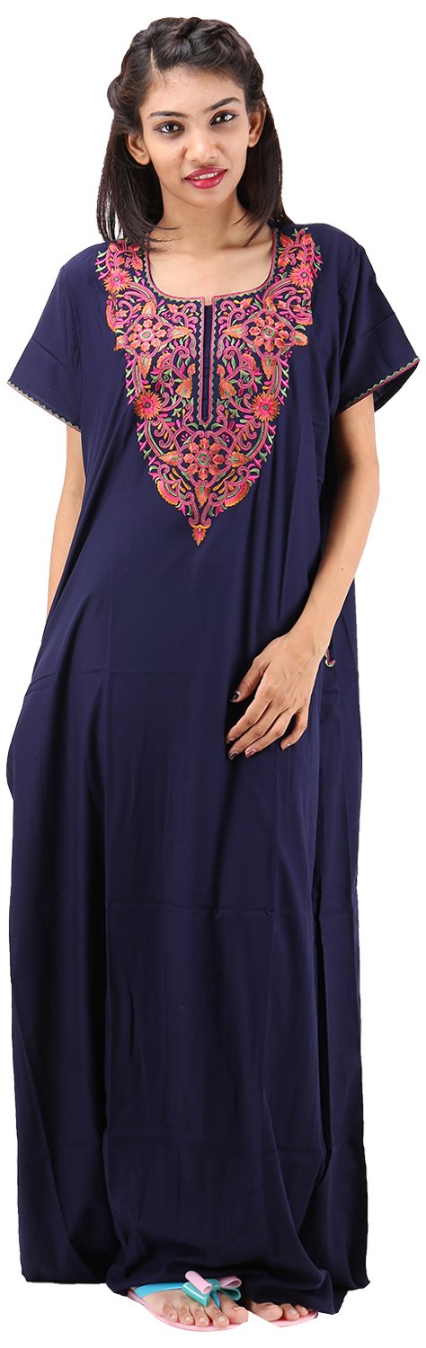 valencia sleepwear lissybissy Cotton Resham Embroidery Nighty Night Gown Maxi for Women A line (Navy Blue)-picture-43