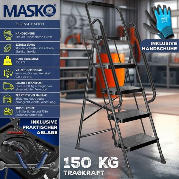 MASKO® Trapladder, vouwladder met 2 treden, belastbaar tot 150