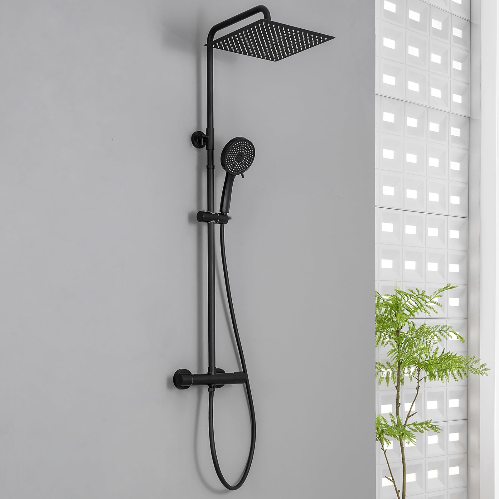 DERW Black Thermostatic Shower Mixer Set - 12" Square Mirror Ultra-Thin Rainfall Head, 5-Mode Round Handheld Shower, Solid Brass Thermostatic Mixer, 124cm Shower Riser Rail, Fit for UK Bathrooms