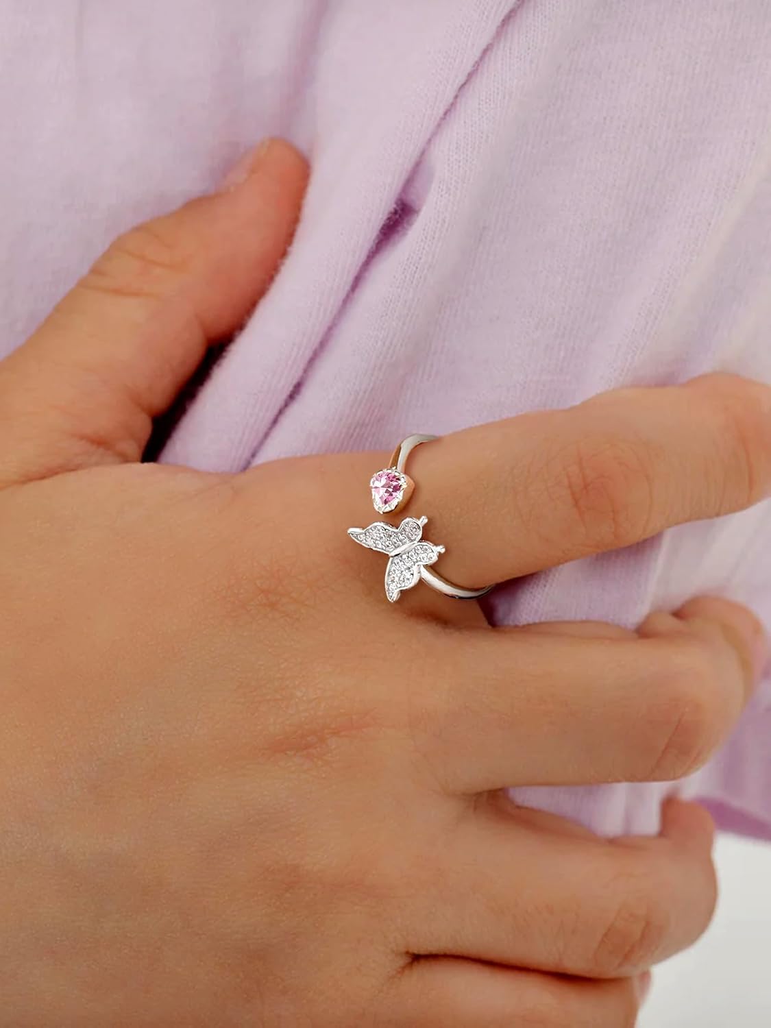 Bestyle Sterling Silver Butterfly Birthstone Rings for Women, Dainty Butterfly Stackable Ring Adjustable Ideal Valentine's Birthstone Gifts for Her - Image 4