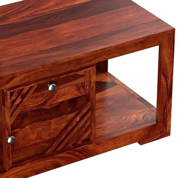 Image of Solid sheesham Wood Coffee Table for Living Room & Office|Wooden Center Table with Drawer and Door Storage Luxury and Style (Honey Finish)