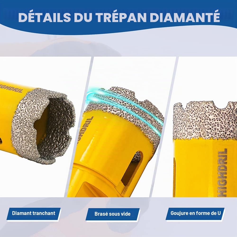 HIGHDRIL Foret Diamant Kit 11pcs(6/8/10/25/35/50/68/110mm Mèches Diamantées+20mm Fraise Diamant+50mm Mèches de Chanfrein+Adaptateur) Scie Cloche pour Carrelage Céramique Porcelaine Marbre Granit