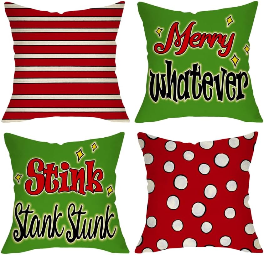 Fahrendom Juego de 4 fundas de almohada decorativas de Feliz Navidad de 18 x 18 pulgadas, adorno de árbol de pino de Navidad, funda de almohada de