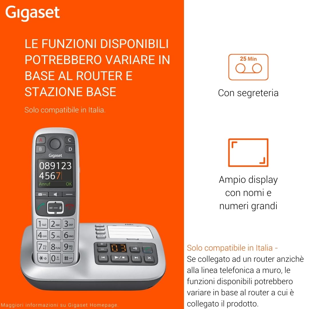 Gigaset E560A - Telefono Cordless DECT con Segreteria, Tasti Grandi, Numeri sul Display Grandi, Tastiera Illuminata, Suonerie e Audio Potenziato, Tasto SOS, Grigio [Versione Italiana]