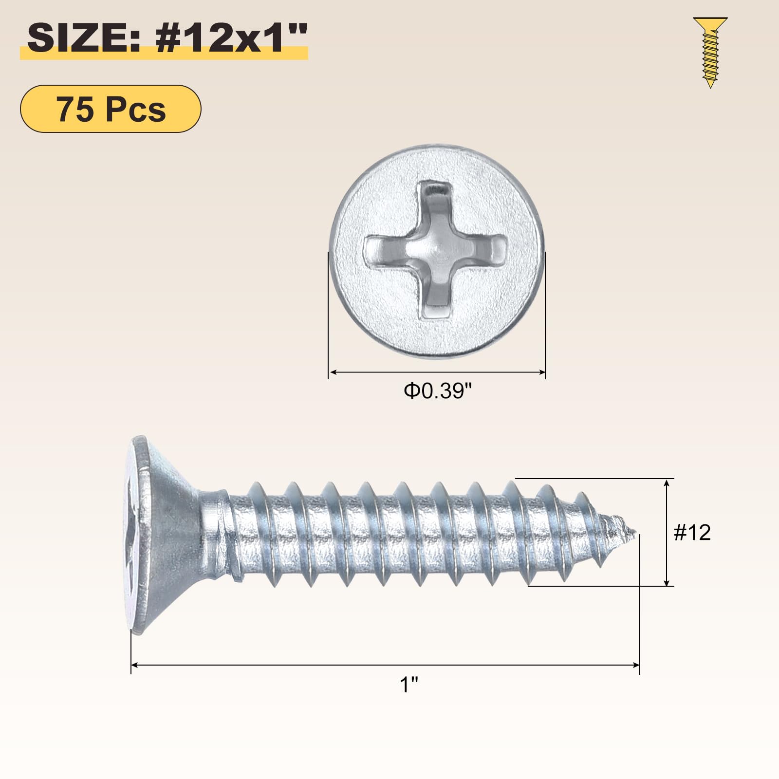 METALLIXITY Countersunk Phillips Wood Screws (#12x1") 75Pcs, Carbon Steel Coarse Thread Phillips Drive Flat Head Wood Screws - Image 2