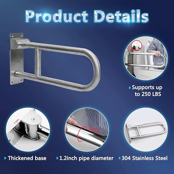 Flip Up Grab Bars Handicap Rails Toilet Safety Rails Stainless Steel Grab Bar for Bathroom Toilet Handles for Elderly Handicapped Accessories Toilet Rails Bathroom Safety Grab Bars