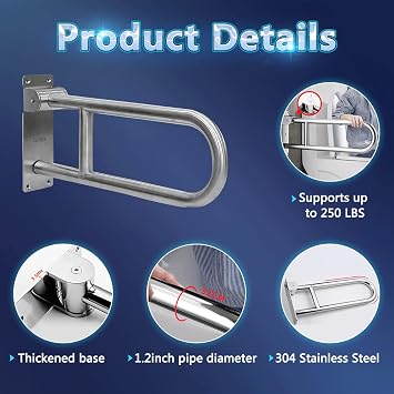 Flip Up Grab Bars Handicap Rails Toilet Safety Rails Stainless Steel Grab Bar for Bathroom Toilet Handles for Elderly Handicapped Accessories Toilet Rails Bathroom Safety Grab Bars