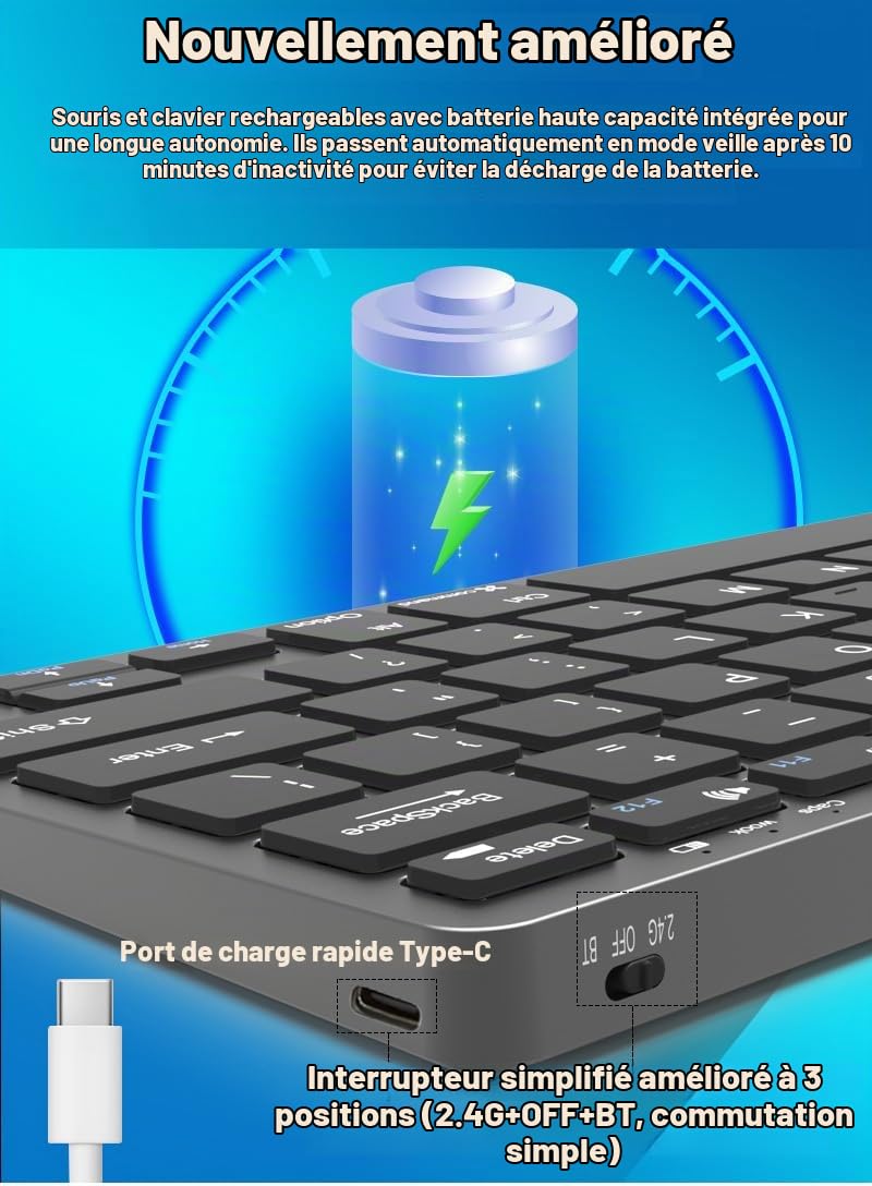 Ensembles Clavier et Souris sans Fil 2.4Ghz & 3 Bluetooth,Clavier Souris sans Fil Rechargeable Ultra-Fin Compact,Souris Silencieuse 3 D-PI Réglables,pour Ordinateur/PC/Laptop/Windows/Mac,QWERTY, Noir