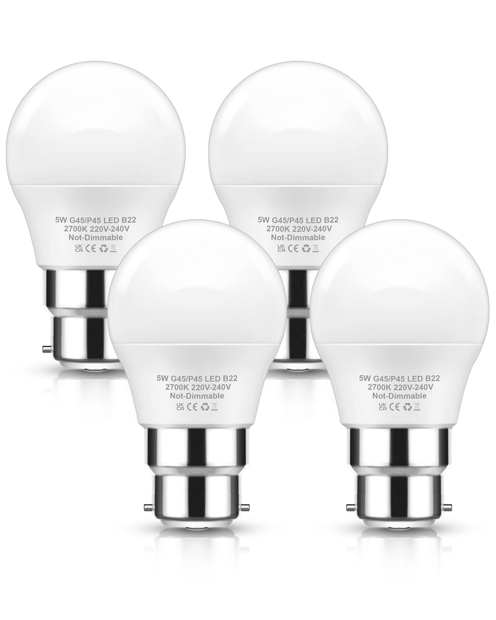 EvaStary 40W Bayonet Light Bulbs, 5W B22 LED Bulbs Bayonet Warm White 2700K, LED Golf Ball G45 P45 Mini Globe Bulb, Energy Saving, Non-Dimmable, 4 Packs