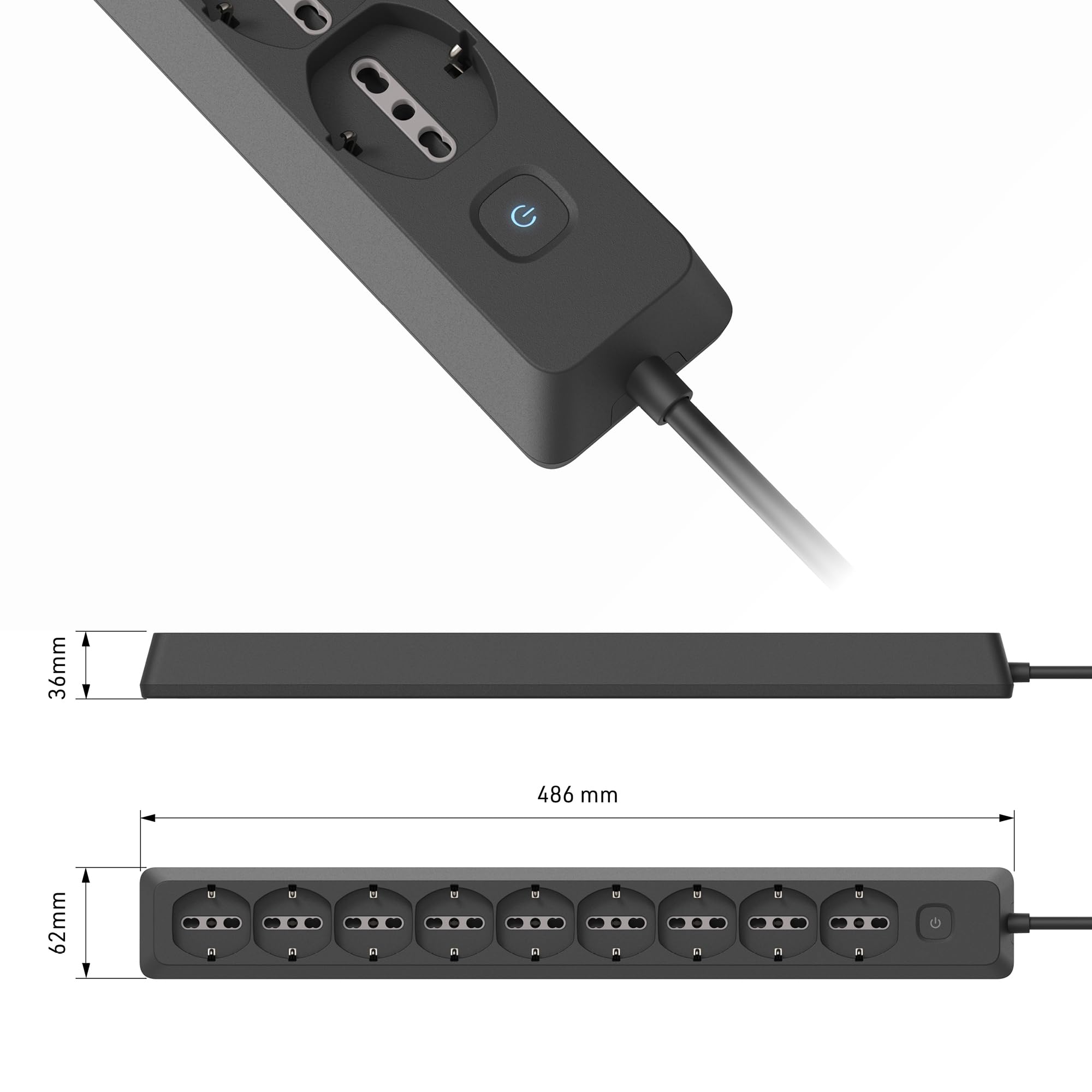 Electraline 61924 Multipresa 9 Posti polivalenti P40 (Schuko + 10/16A) di grossa robustezza, Cavo 2 metri, con sistema avvolgi cavo integrato, Spina 90° salvaspazio, 16A