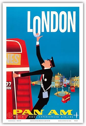 Londres Inglaterra - Autobuses de dos pisos Bovril y Schweppe - Pan American World Airways - Póster vintage de viaje de aerolínea por Aaron Fine