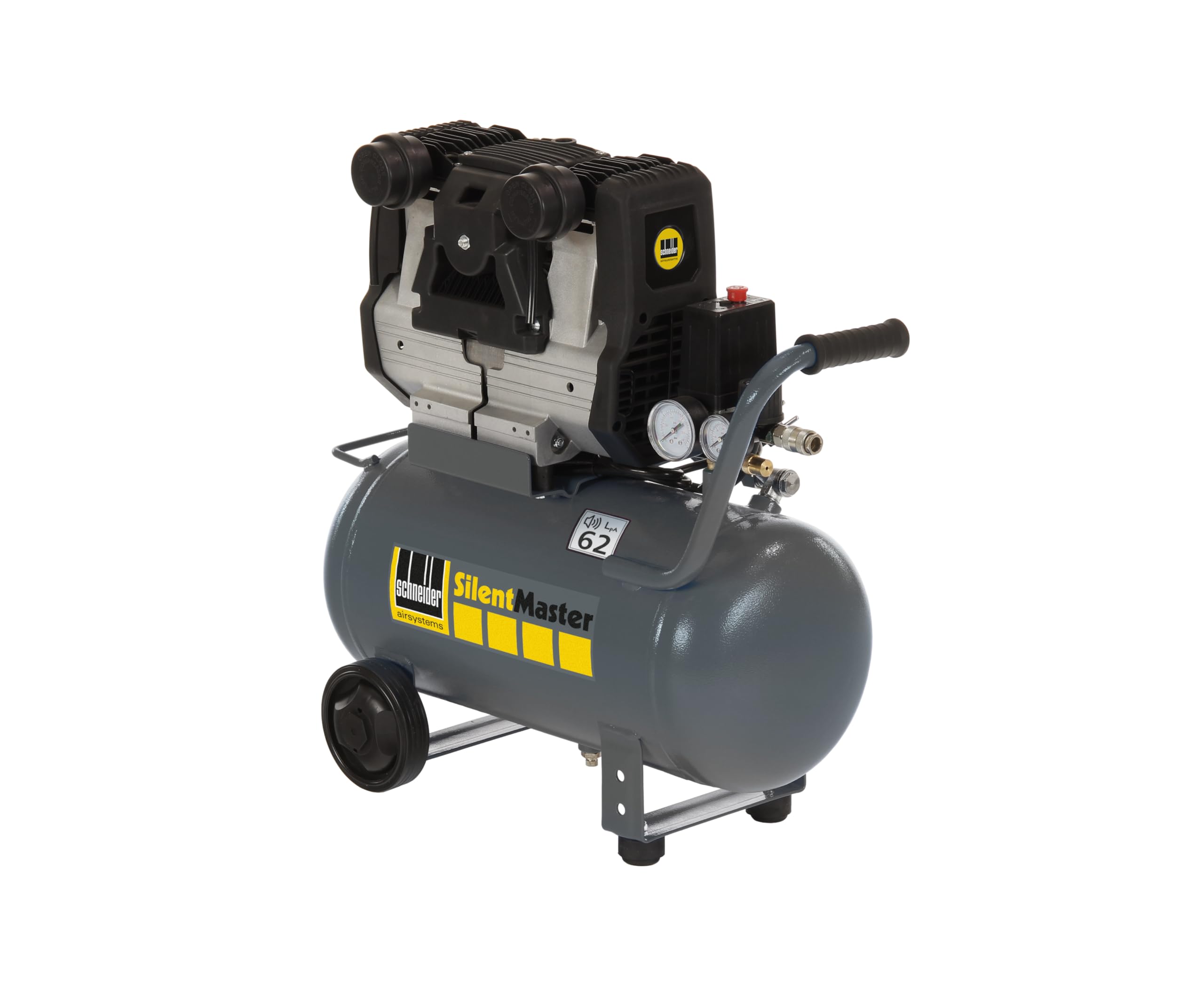 SCHNEIDER SILENTMASTER Luftkompressor 24 Liter Ölfrei Maximaler Druck 9 Bar Leistung: 2 PS Geräuschpegel: 62 dB LwA