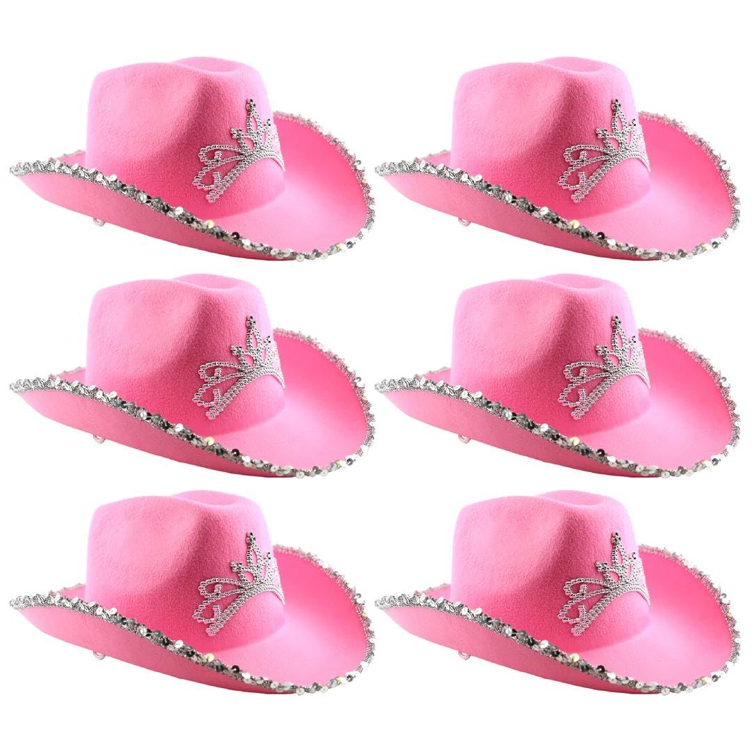 Ladies Pink Cowgirl Hat with Silver Tiara Crown - Sparkly Fancy Dress Accessory for Hen Nights Bachelorette Parties and Western Themed Events - Glamorous Pink Cowboy Hat for Women