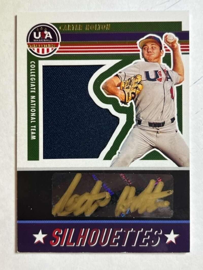 2023 Panini USA Stars and Stripes USA Silhouettes Black Gold Signatures Jerseys #10 Carter Holton Jersey/Relic Auto Autograph SER/86 USA Baseball Collegiate National Team Official USA Baseball Trading Card in Raw (NM or Better) Condition