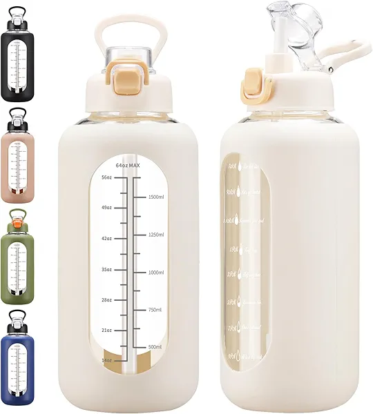 chunmo 64 oz Glass Water Bolttles with Straw Half Gallon Large Motivational Water Bottle with Time Marker Sports Water Bottles with Silicone Sleeve and Handle Lid Water Jug for Gym Workout