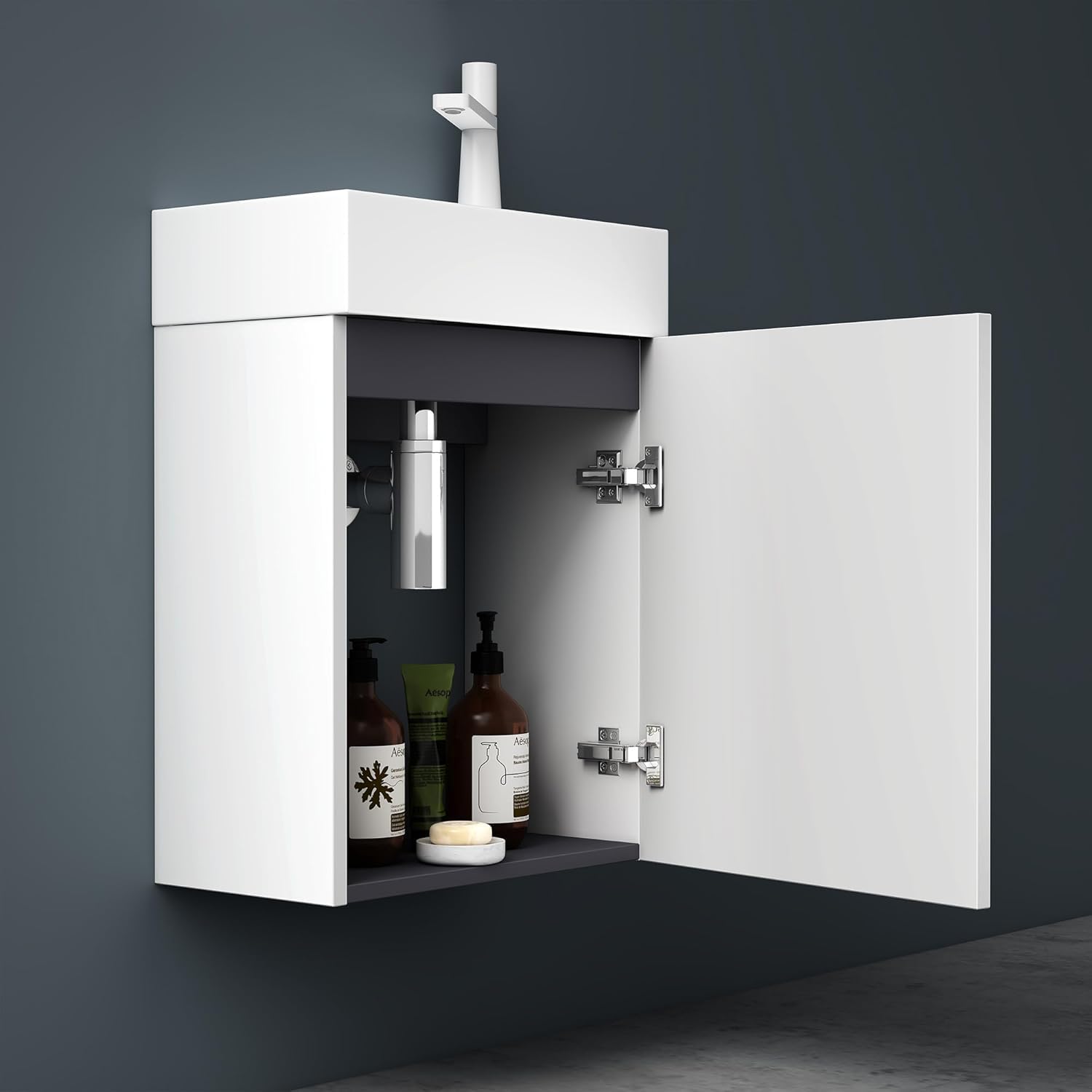 Mai & Mai Mobile Bagno Sospeso46x26x63cm con Lavabo, Bianco opaco | Set Mobile da Bagno con Cassetto Bianco opaco, Lavabo da Minerale fuso in Antracite opaco, Seria Pisa