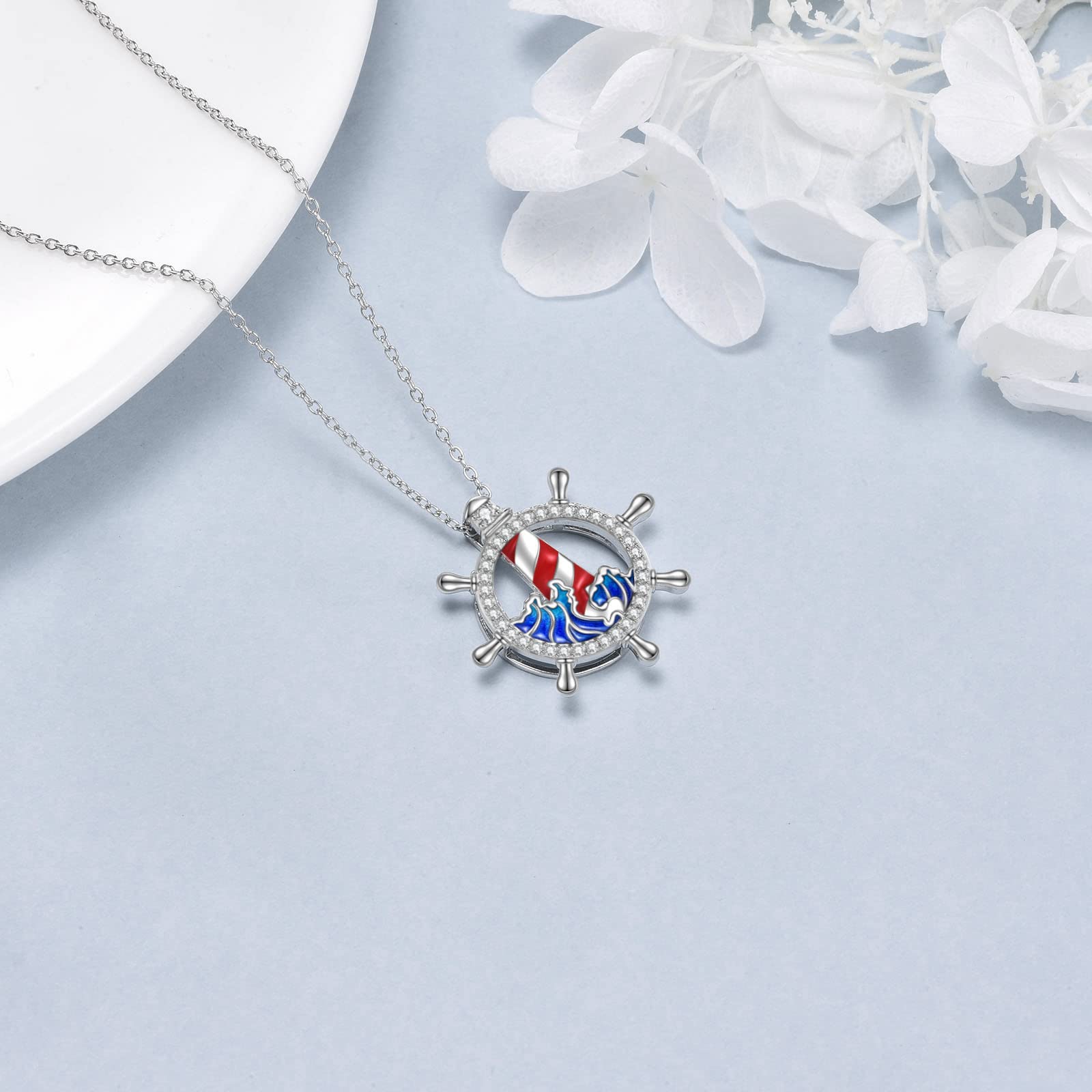 AXELUNA Collar con colgante de faro de plata de ley, collar de ola de mar, regalo para mujeres, hombres, amantes de la mamá