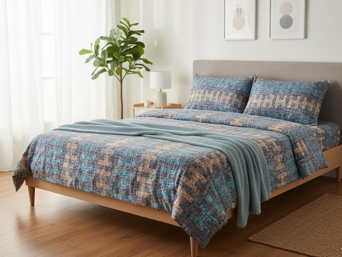 Stellar Home Elixir Double Bed Bedsheet Imperilal Blue Multi Colour Alphabet 100% Cotton Super Soft 2N Pillow Cover(220X240CM)-picture-11