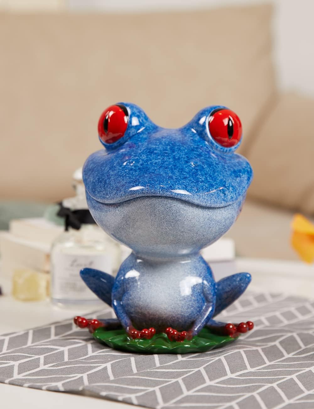 Frog Figurine Candy Dish Cookie Jar Snack Tray Modern Art Home Decor Gift for Living Dining Room Kitchen Office Blue 8 Inch