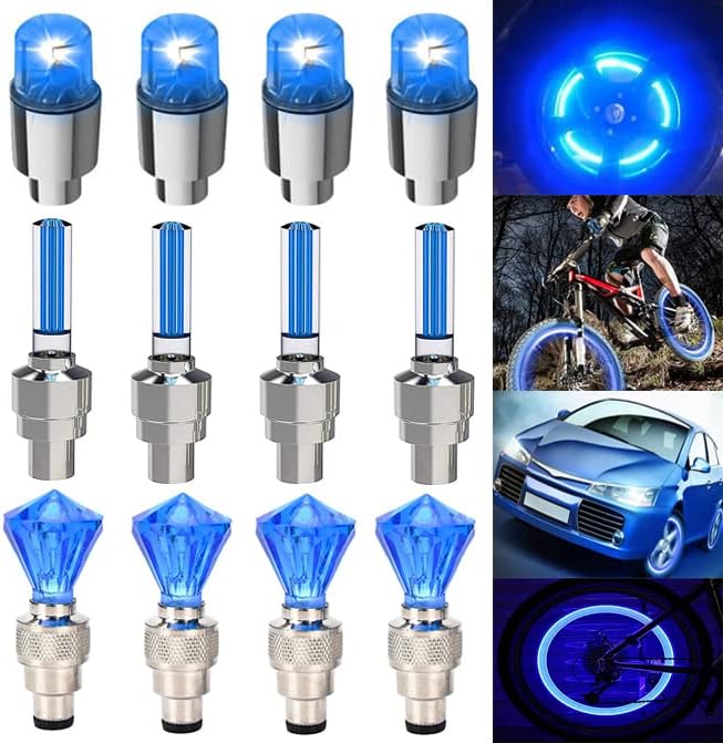 12 luces LED de tapa de válvula de rueda de neumático para automóvil, bicicleta, motor de rueda (azul)