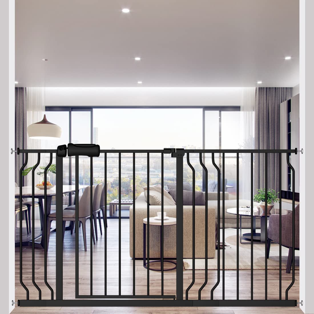 ALLAIBB Extra Wide Pressure Mounted Baby Gate Walk Through Child Kids Safety Toddler Tension White Long Large Pet Dog Gates with Extension for doorways Kitchen (52.76-57.48"/134-146cm, Black) Black 52.76-57.48"/134-146cm