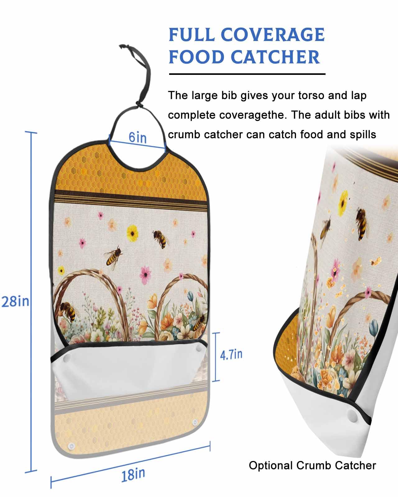 LEOKOTI Summer Flowers Adult Bibs for Eating, Waterproof Bibs with Food Catcher & Adjustable Snap Closure, Orange Honey Bee Botanical Rustic Washable Clothing Protectors Adult Bibs for Elderly