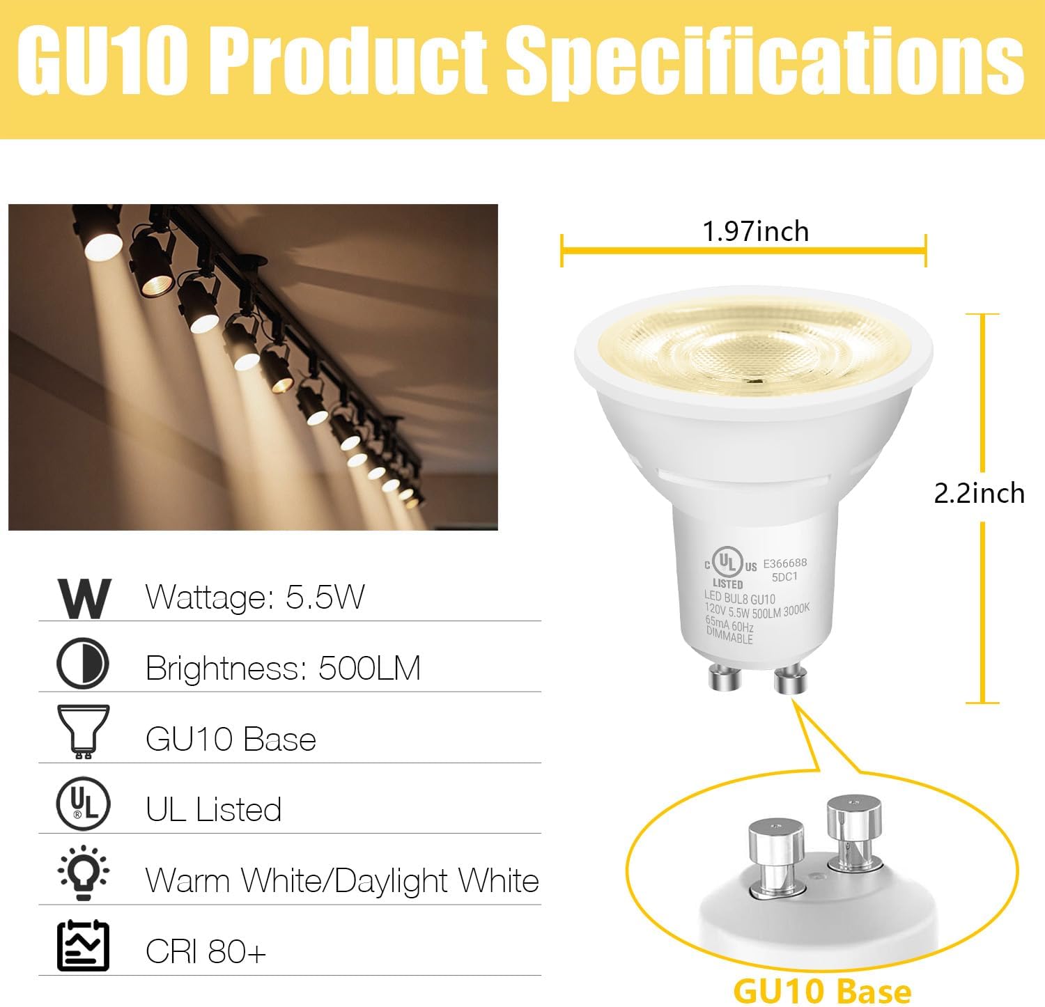 DAYBETTER GU10 LED Light Bulbs, Dimmable GU10 Bulb Replacement for Track Lighting, 5.5w Equivalent 50W, 500 LM Soft White 3000K, MR16 LED Bulb for Kitchen, Range Hood, Living Room, 24 Pack