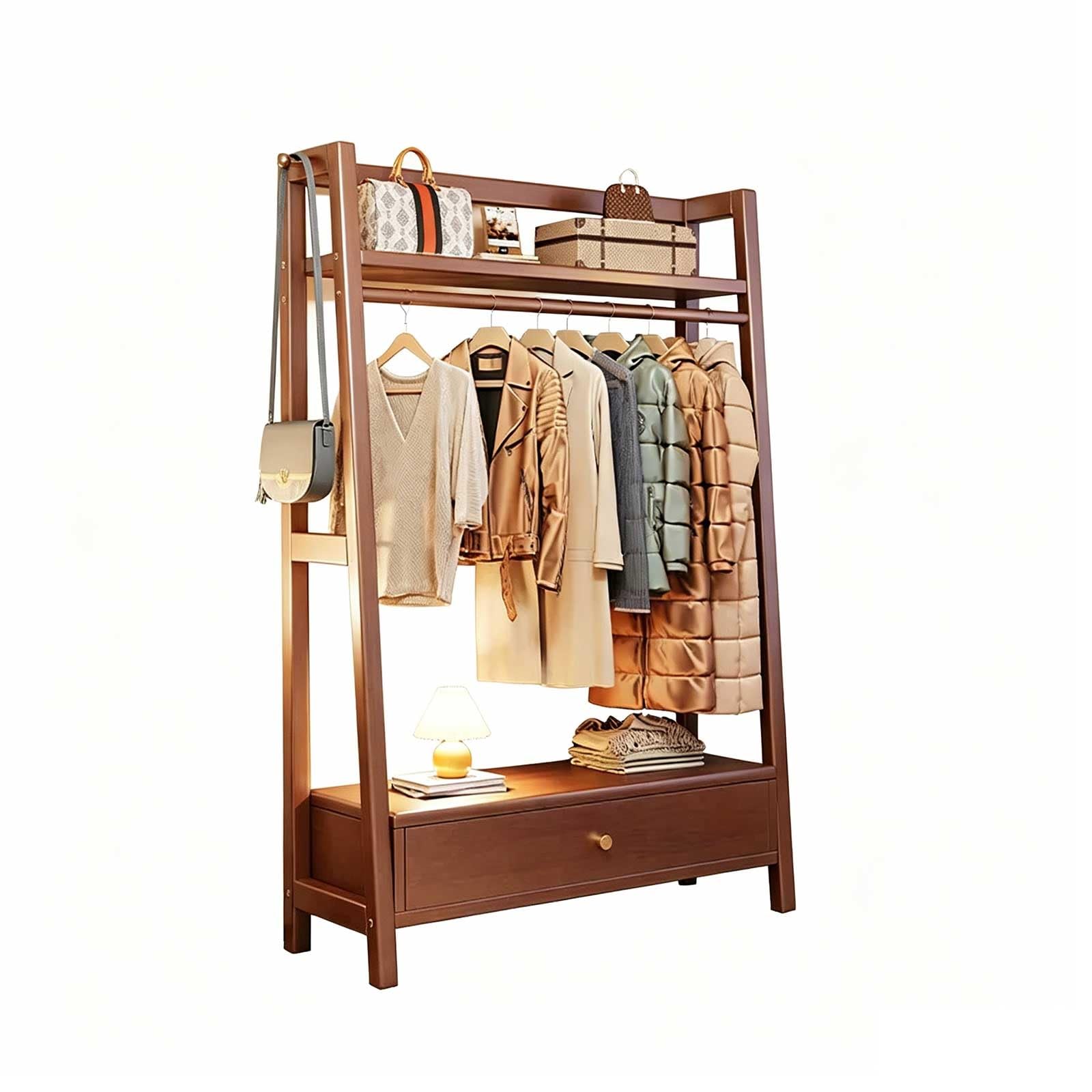 KIBONCY Wooden Clothes Rack with Drawers and Storage Shelves, Freestanding Open Wardrobe Organizer, Multifunctional Garment Rack(A1,100x40x170cm)