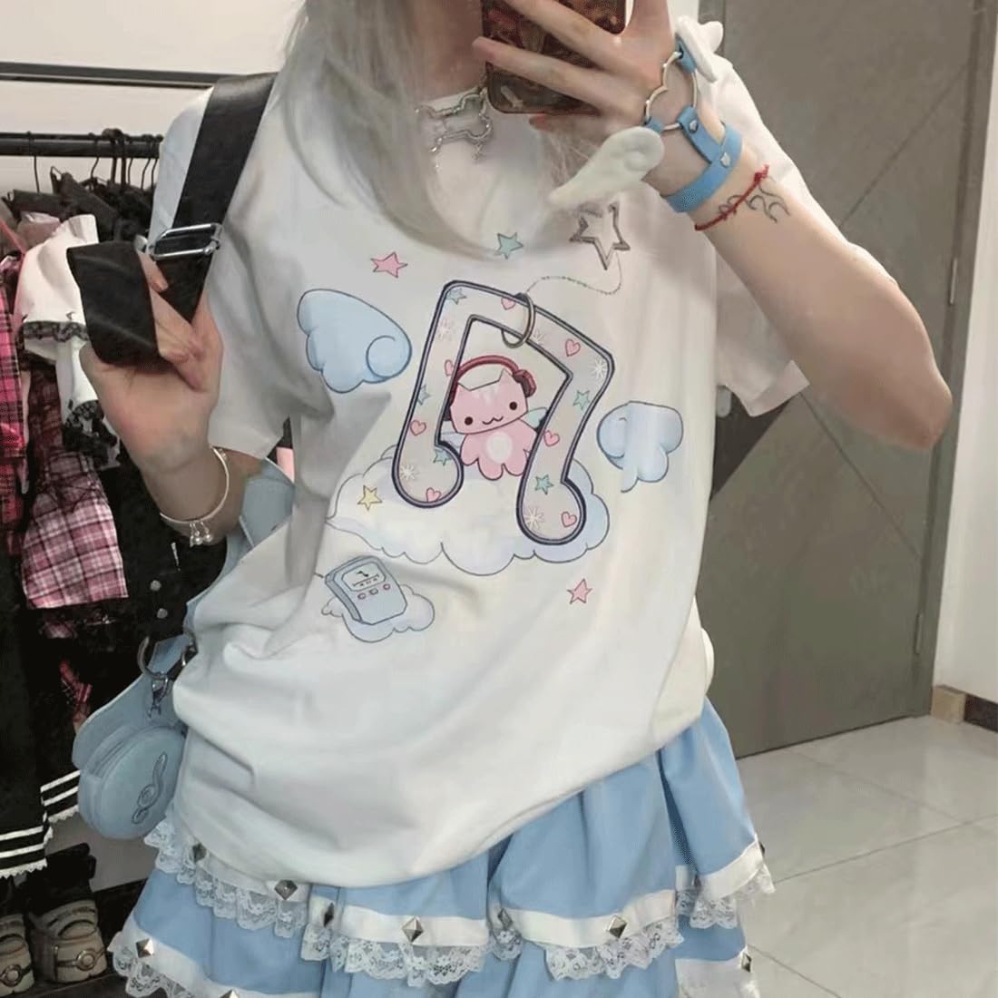 Harajuku - Camiseta estilo kawaii gótico, informal, cuello redondo, suave, dibujos animados, lindo gato, música, ángel