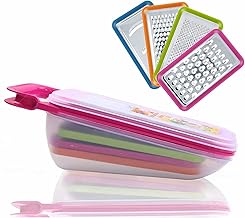 Tenta Kitchen 4 Piece Cheese Grater Set with Container - Zester Parmesan Cheese Shredder Vegetable Slicer Cheese Graters - Fine and Coarse Metal Hand Cheese Grater Adjustable Hard Cheese Slicer (4 in 1,Red)