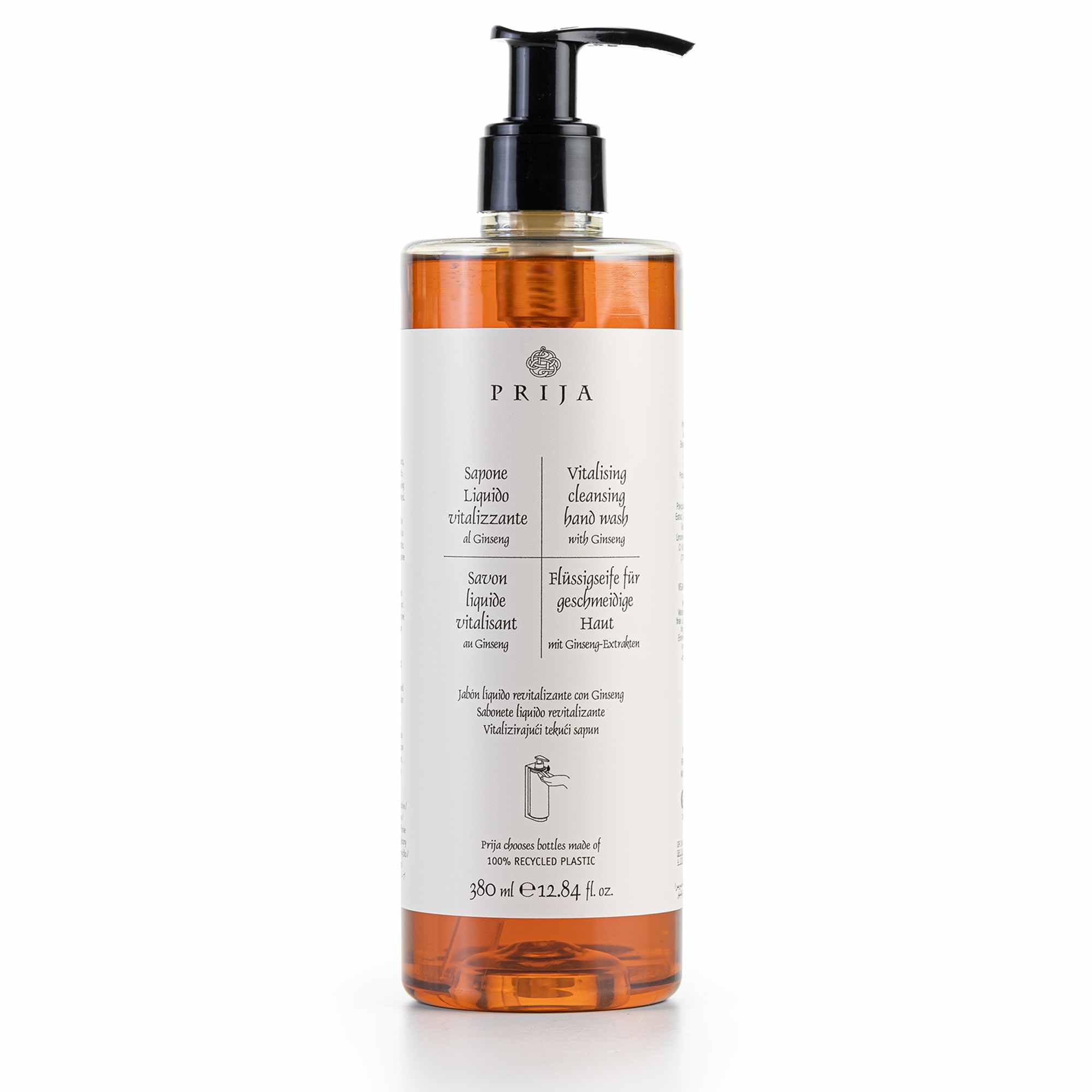 PRIJA Jabón líquido con ginseng 18 x 380 ml botella dispensadora de jabón de manos revitalizante hoteles