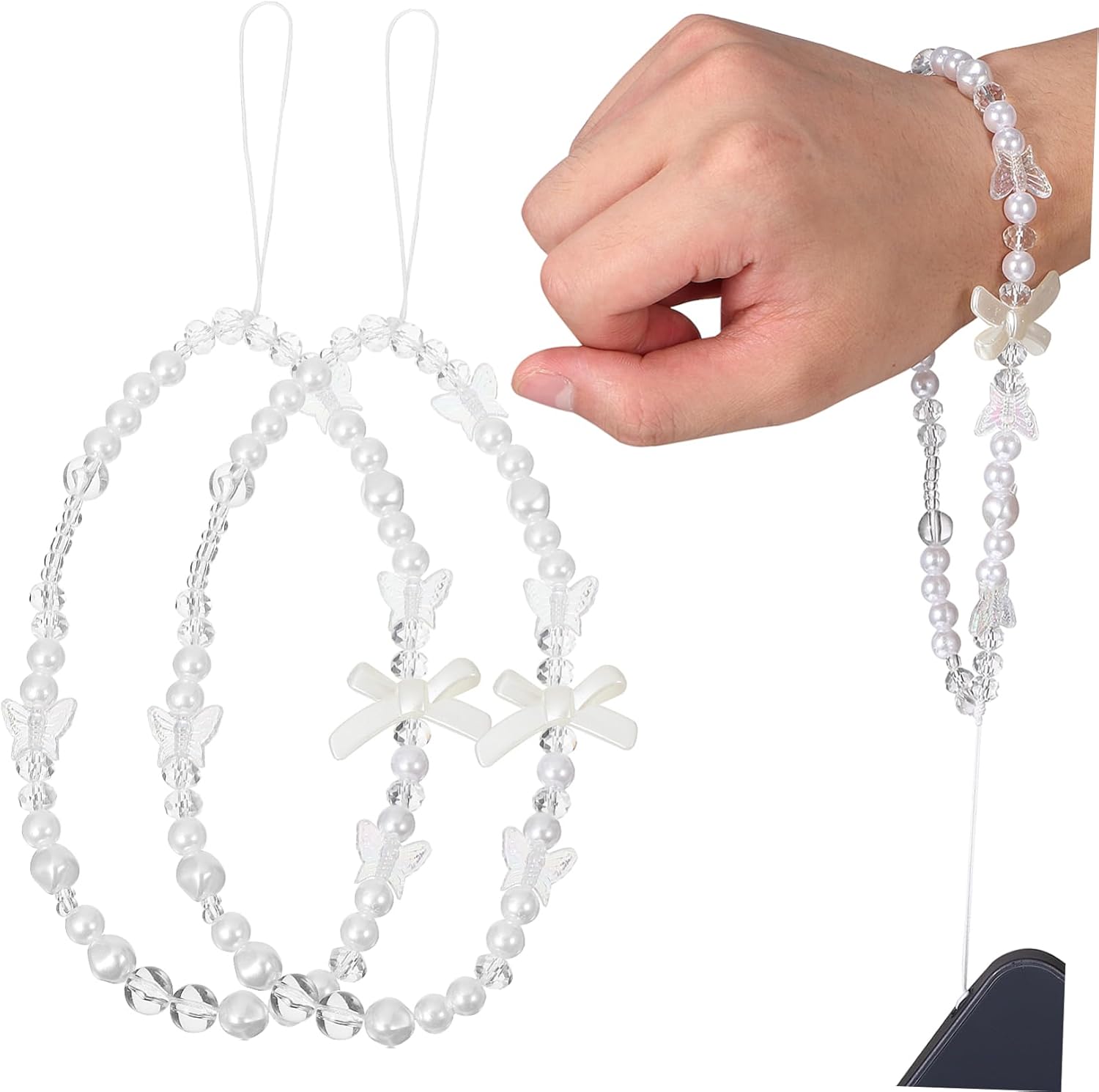 2pcs Beaded Phone Charm Strap for Women and Girls Cute Butterfly Bow Design Lightweight and Durable Phone Chain Keychain for Stylish Accessories