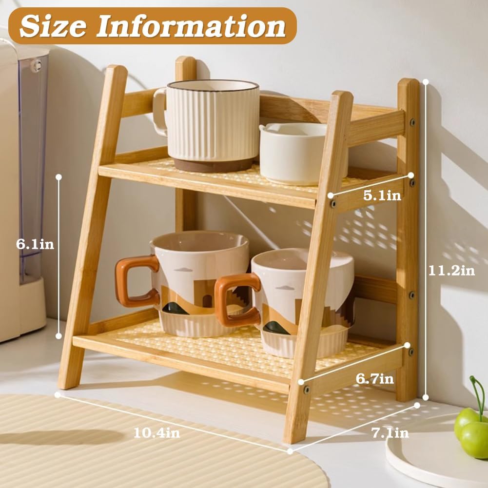 Double-Layer Bamboo Shelf Organizer for Kitchen – Rattan-Style Cup Rack & Pantry Organizer – Storage Shelves for Cabinet, Counter, Dormitory, Home Decor (khaki)