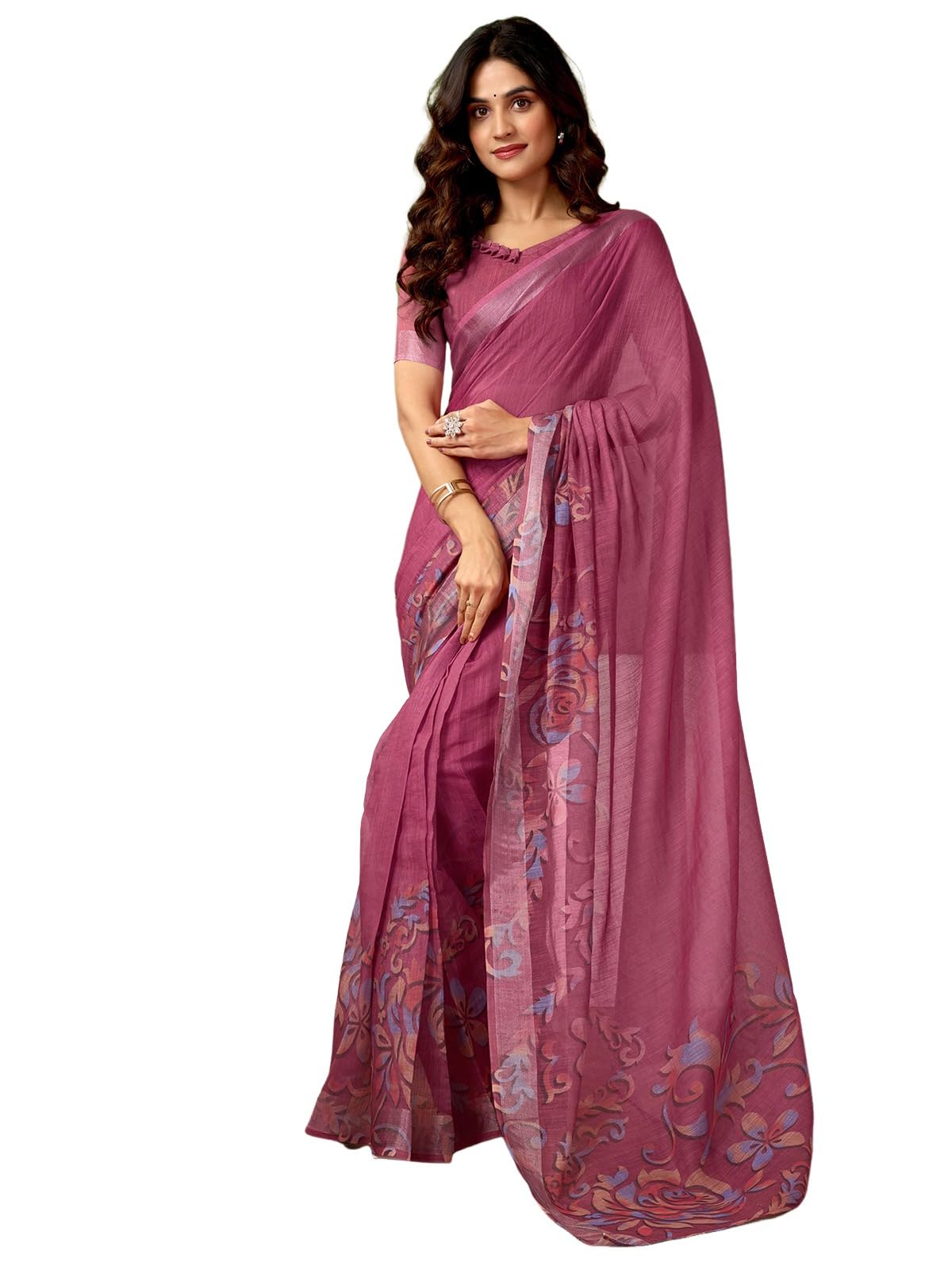 Satrani Women's Linen Zari Border Printed Ready To Wear One Minute Pre Pleated Readymade Saree With Unstitched Blouse Piece (34Rs323N_Dusty Rani Pink)