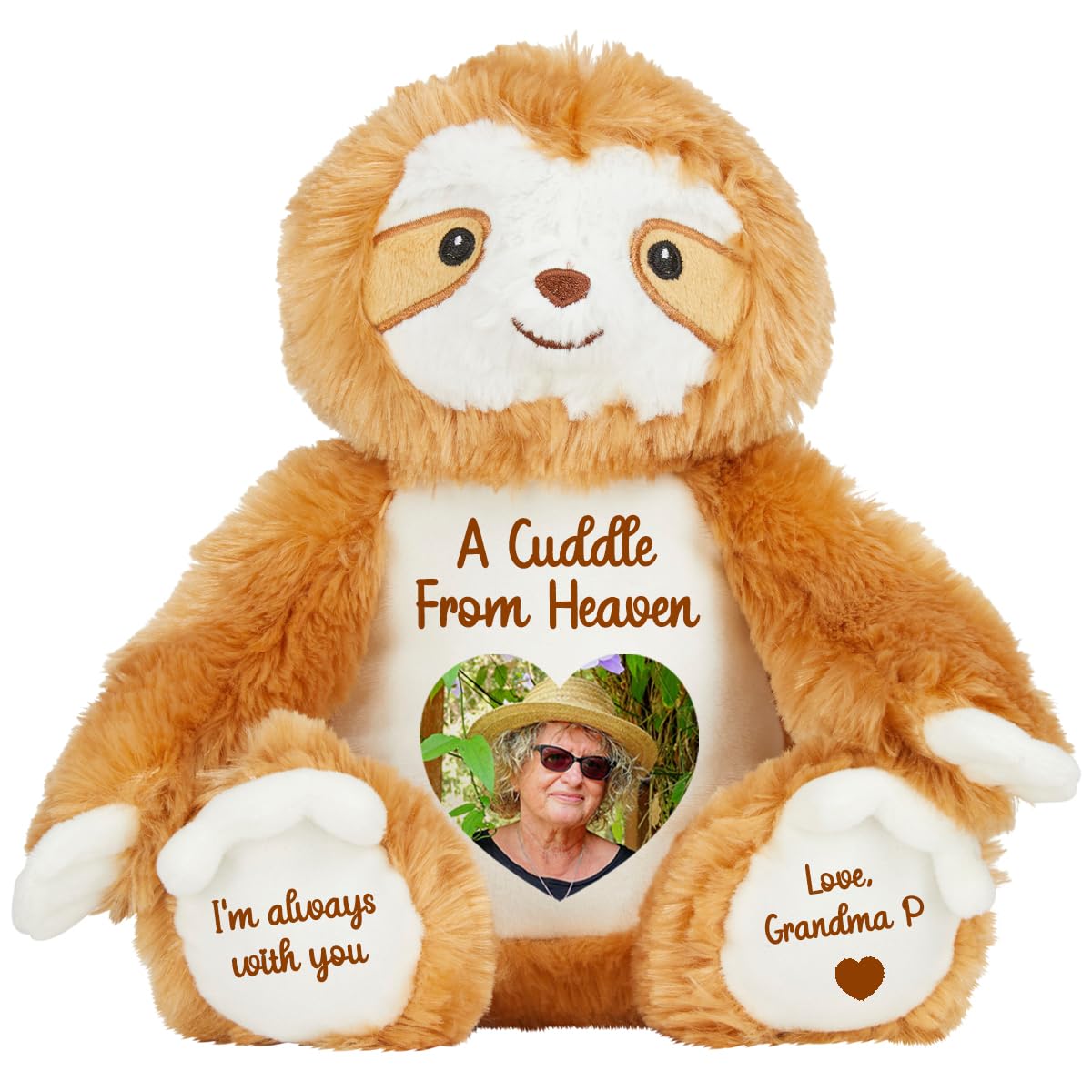 Personalised Memory Teddy Bear with Heart-Shaped Photo – “A Cuddle From Heaven” Keepsake Gift – 28 Bear Styles – Add Your Text & Choose Colour – Custom Memorial Bear (Brown Sloth)