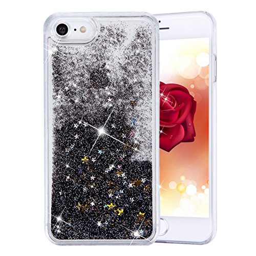 Phezen 3D Creative Shiny Quicksand Sparkle Heart Clear Liquid Glitter Hard Case for iPhone 7 Plus - Star:Black