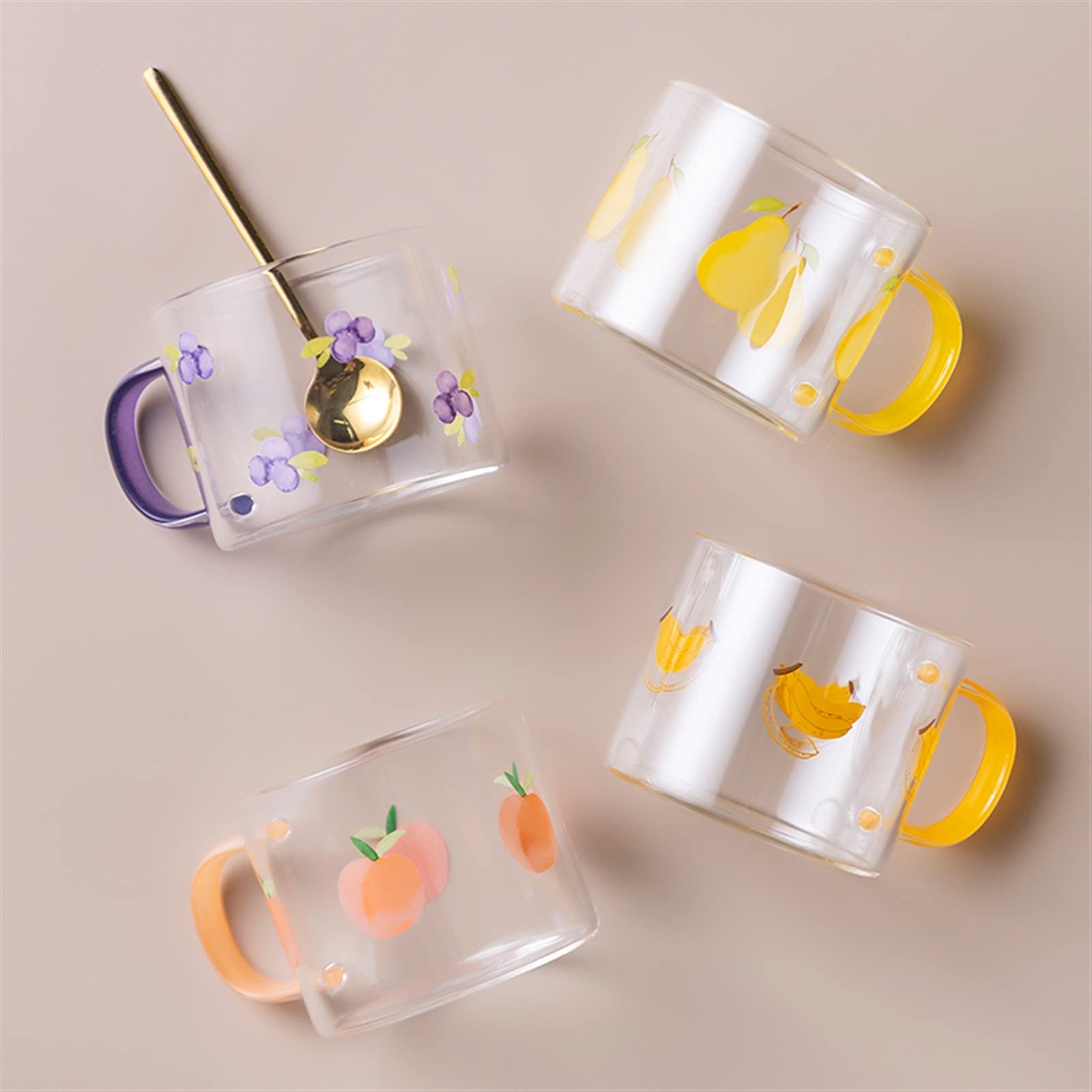 Becher 400 ml Fruchtmuster Glasbecher mit Griff Transparent Frühstück Milch Hafer Tasse Büro Zuhause Paar Wasserbecher Küche Trinkgeschirr Kaffeetasse (Farbe: Traube)