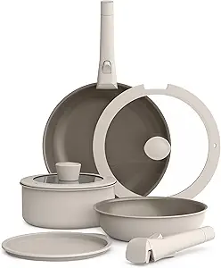 bella 8 Piece Cookware Set, Fits-anywhere™ Kitchenware w EverGood™ Ceramic Nonstick Coating, Removable Handles, Dishwasher & Oven Safe, All Stovetops Compatible, Glass Lids w Silicone Rims, Oatmilk