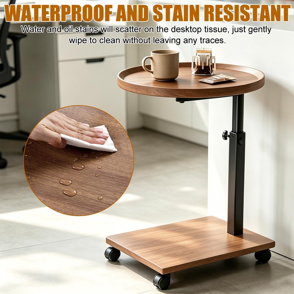 Tavolino girevole a 360°, tavolino con ruote, altezza regolabile 45-80 cm, forma a C, tavolino rotondo piccolo per divano, letto e ufficio (colore legno naturale)
