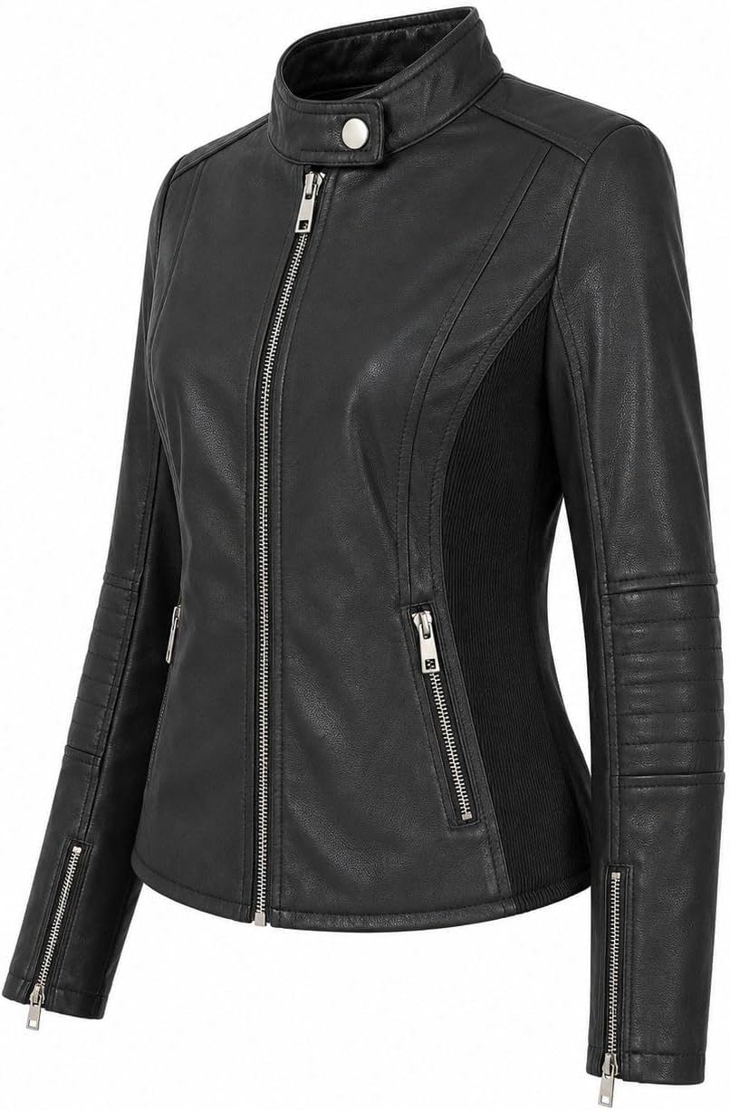 Women's Faux Leather Moto Jacket, Ribbed Side Panels, Junior Fit image 5