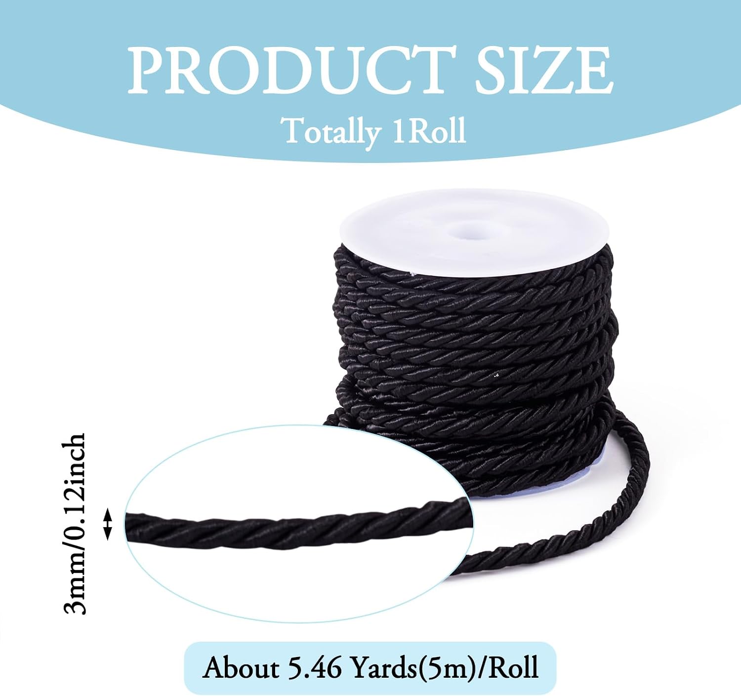 Beadthoven 1 Roll/5.46 Yards 3mm Braided Cord Rope Black Shiny Polyester Twisted Twine Cord Rope Decorative Thread Strings for DIY Bracelets Necklace Upholstery Curtain Home Decoration Jewelry Making