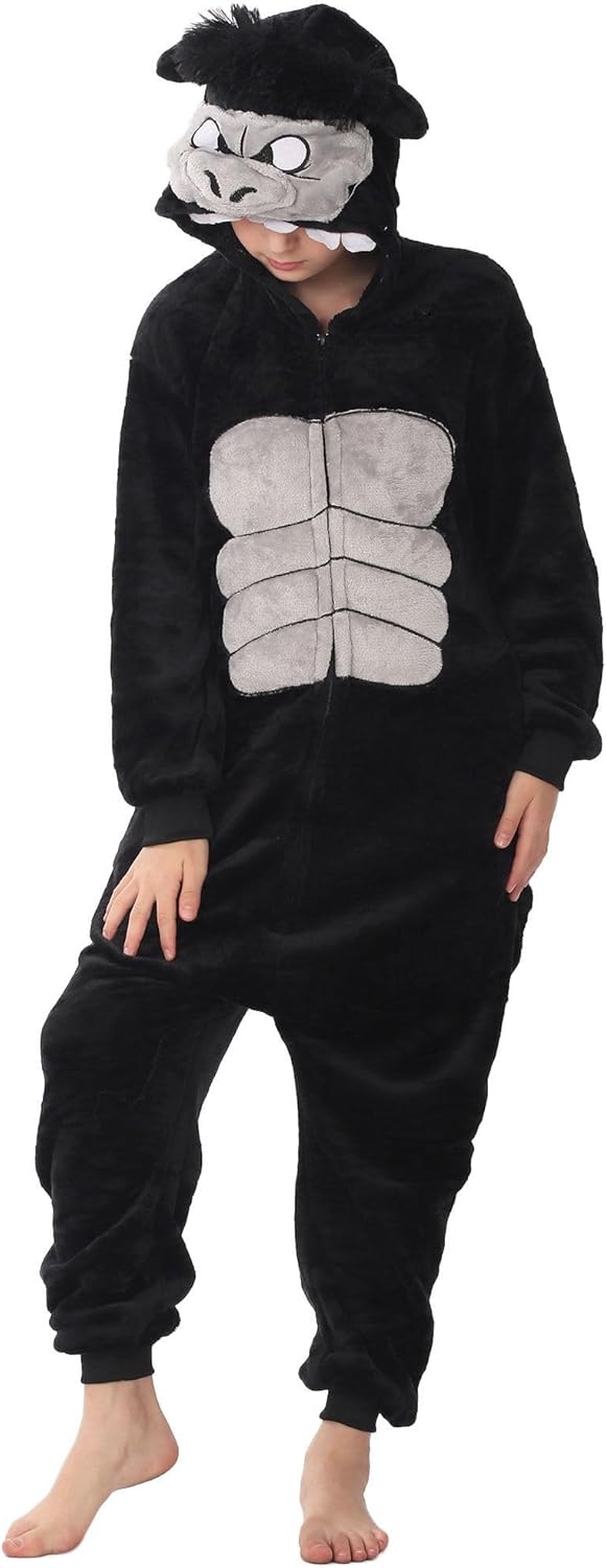 Animal Hooded Onesie Costume for Kids Adults Boys Girls Halloween Easter Mens Womens Cosplay Outfit Kit Black Gorilla
