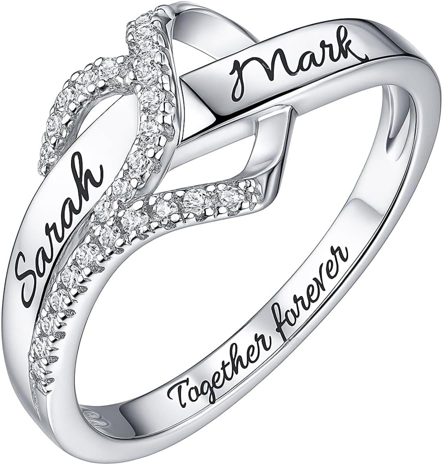 Personalized Heart Name Ring for Women - Sterling Silver Diamond Engagement Ring - Engraved Love Knot Promise Rings for Her - Customized Womens Heart Shaped Wedding Ring Birthday Gifts for Wife