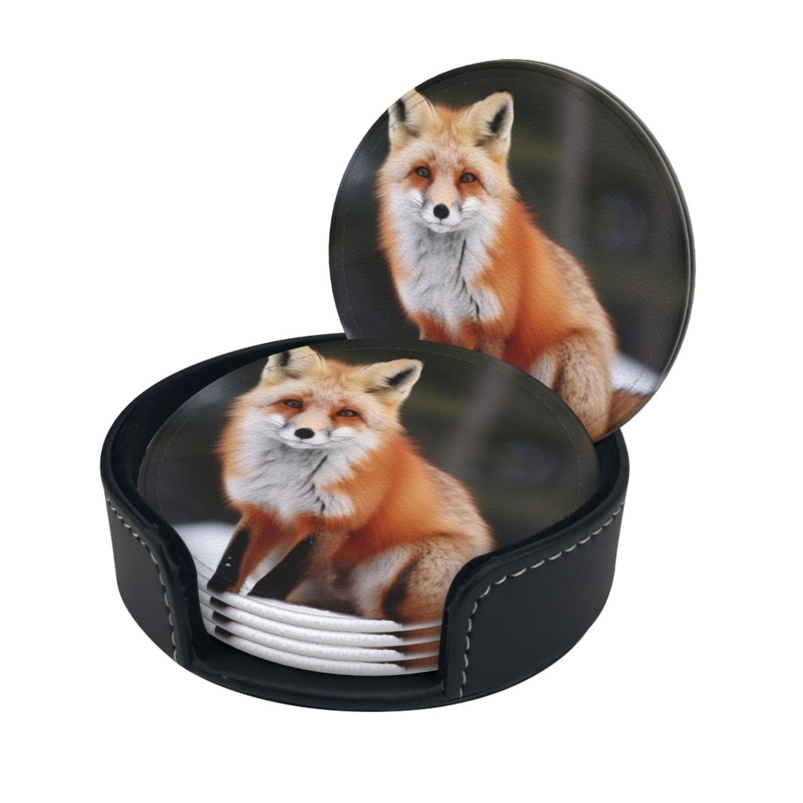 Stylish Coasters - Funny Fox Set of 6 Round Leather Drink Coasters with Holder - Perfect Size for Cups and Glasses