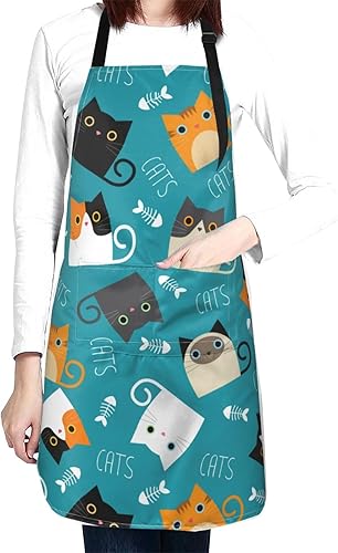 Delantal impermeable de gatos de dibujos animados divertidos para adultos, babero de chef con 2 bolsillos para cocina, barbacoa, manualidades, dibujo