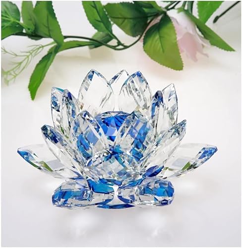 SHABJY Figura de flor de loto de cristal, 13 cm, azul, para decoración del hogar y la oficina, exhibición de mesa, regalo de cumpleaños y boda