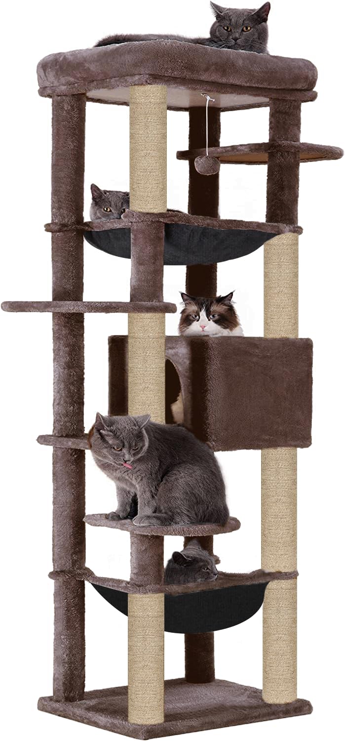 Purrway Climbing Tower Activity Cat Tree - Fur Fabric | Top Bed | Hammocks | Condo | Multiple Seats | Jute Rope Scratching Posts | for Adult Cats & Kittens (Height 70 Inch) (Brown - FURR-90) (B0D1NF44FW) Amazon Price History, Amazon Price Tracker