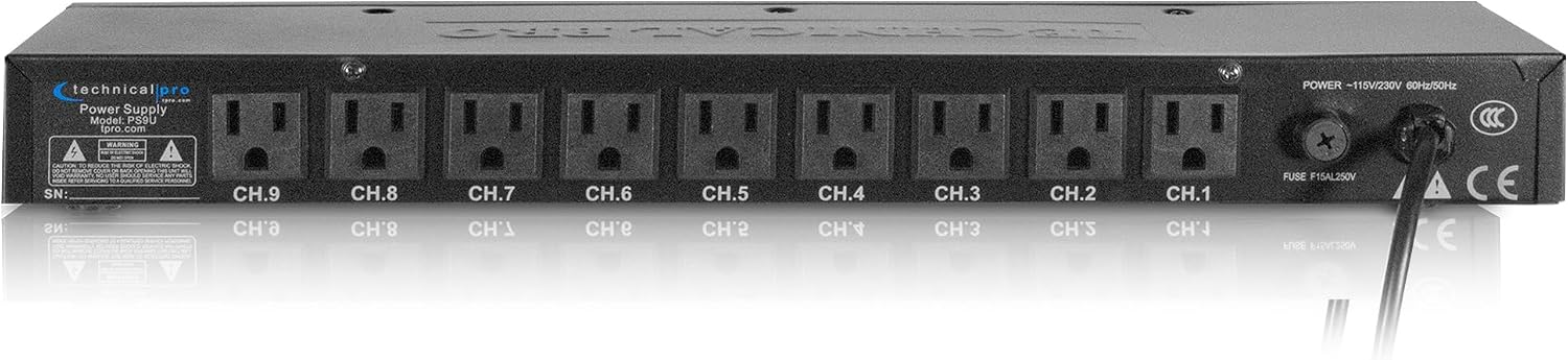 Technical Pro Electric Power Supply with 9 Power switches, 1800 Watts Max Load, 5V USB Charging Port, 9 Outlet High Load Power Cord (4 Foot)