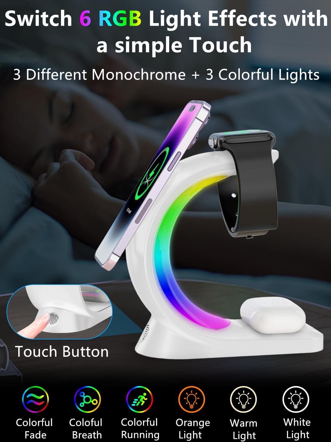 Mag-Safe 3 in 1 Wireless Charging Station, [6-Color RGB Light] 15W Fast Magnetic Wireless Charger Stand for Multiple Devices Apple, for iPhone 16 15 14 13 12 Pro Max/Plus/Pro, for iWatch 2 to 9