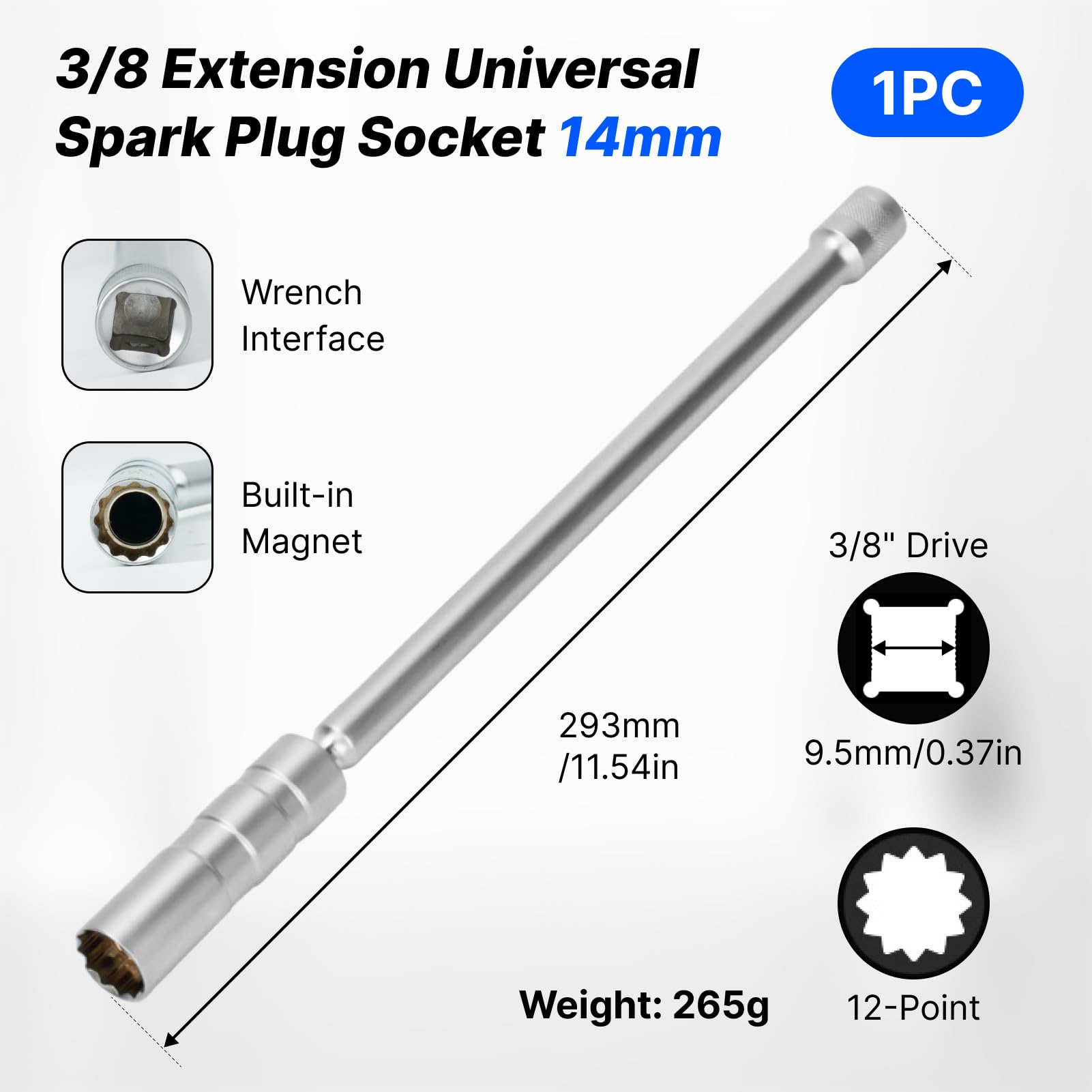 llave de bujías 14 mm 3/8" 12 caras larga 293 mm, llave bujias larga 14 mm 12 caras 3/8" para automóviles, acero al cromo-vanadio (14cm) - 3